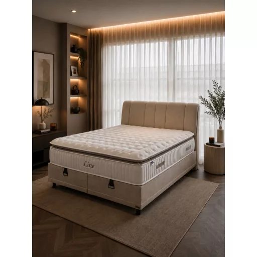 Livora Line Ágyneműtartós Ágykeret és 7 Zónás Táskarugós Matrac Szett - 180x200x34 cm - Comfort Párnás Táskarugós Matrac