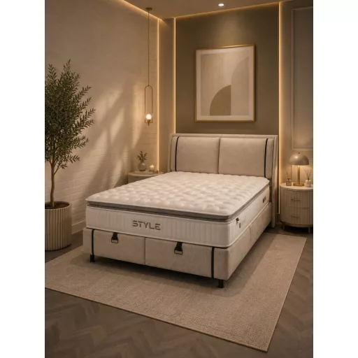 Livora Style Ágyneműtartós Ágykeret és 7 Zónás Táskarugós Matrac Szett - 180x200x33 cm - Comfort Párnás H4 Táskarugós Matrac